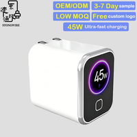 Pengisi Daya GaN 45W Pengisian Cepat Mini Adaptor Perjalanan US UK EU Bersertifikasi PD QC Multi-port Layar AI Pintar