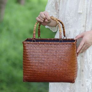 Handmade Bamboo Woven Bag Square Dark Red Women's Eco Friendly Handbag Tea Ceremony Storage Bag - Product Image 1