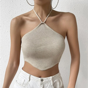 Women's Knit Halter Top Apricot Solid Color Micro <b>Elasticity</b> Summer Breathable Casual Wear - Product Image 1