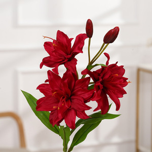 Lys artificiel en soie poly, 3 têtes, pleine floraison, orange, avec 3 bourgeons, pour décoration de vase intérieur, vente en gros directe usine - Product Image 4
