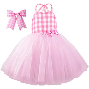Pink Plaid Strap Tutu Kleid Sweet Barbiees Big Bow Swing Ballkleid Mädchen Elegantes Kleid Baby Girl Pink Puffy Kleider für 1-12Y
