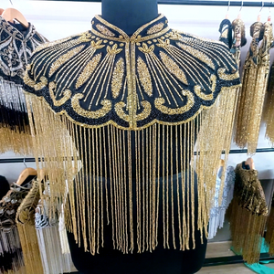 Elegant Golden Beaded Satin <b>Poncho</b> Digital Printing Handwork Breathable V-neck Short Sleeves Customized Color - Product Image 1