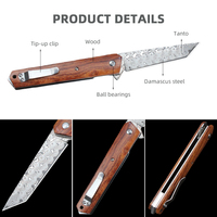 Couteau de poche en acier Damas à 76 couches, couteau EDC en bois, lame Tanto, couteau pliant de survie, extérieur, avec clip pour homme, prêt à être expédié