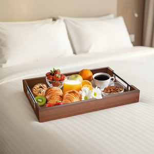 صينية تقديم خشبية للطعام مع مقابض من الفولاذ المقاوم للصدأ الفضي لتزيين طاولات المنزل والفنادق - Product Image 1