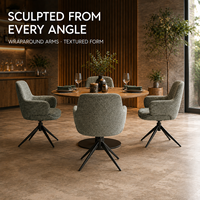 Fauteuil de salle à manger, tissu vert sauge, tissage texturé bouclé, base araignée, table ronde en bois pour café, restaurant et hôtel