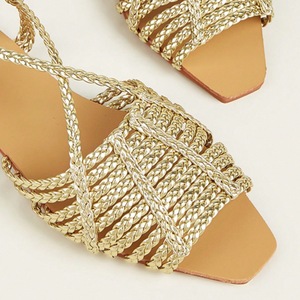 Gold Woven Strappy <b>Heeled</b> Sandals Women <b>Open</b> <b>Toe</b> Backless Slides With Braided Detail For Beach Party Summer Wear - Product Image 3