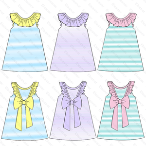 Nuovo modello pin striped ruffle neck cotton knit toddler girls t-shirt bow summer senza maniche t-shirt per bambini - Product Image 1