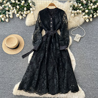 Robe élégante pour femmes en dentelle rouge à manches longues, col en V, coupe trapèze, décontractée, avec ceinture, pour les fêtes et le quotidien, robes pour femmes, robe élégante pour femme