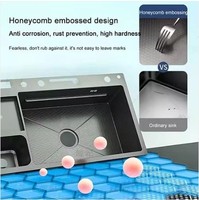 Évier de cuisine moderne multifonctionnel à cuve unique en acier inoxydable avec valve, revêtement nano PVD, cuve rectangulaire, garantie 5 ans