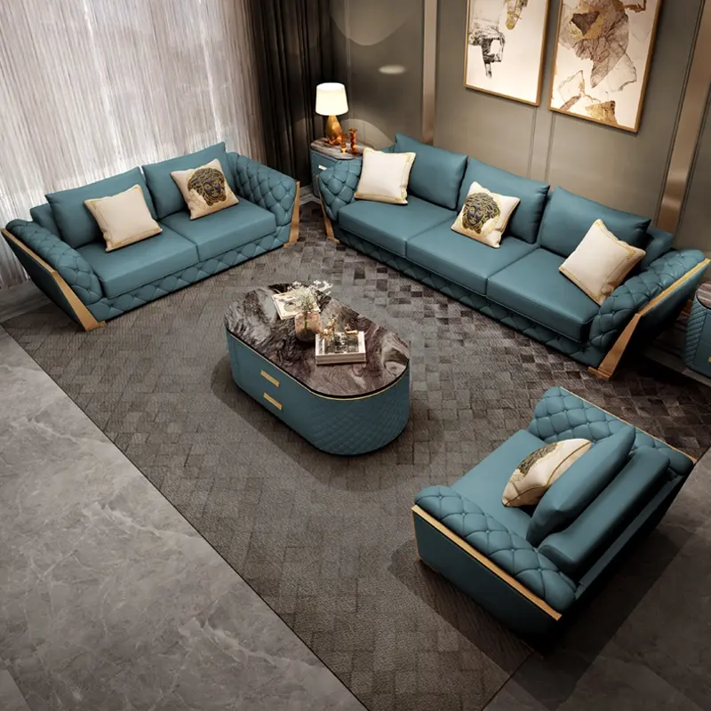 Individuelles luxuriöses italienisches Wohnzimmer-Sofa Möbel getuftet 3 Sitzer gepolstert blau Farbe Gold Metallbeine Heim Sofa-Set