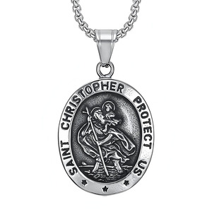 Collier pendentif religieux rétro vintage en acier inoxydable Saint <span class=keywords><strong>Christophe</strong></span> Protège-nous Croix Sainte - Product Image 1