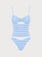 Ensemble bikini deux pièces jacquard rayé pour femme, durable, avec logo personnalisé, haut perlé à découpe annulaire et bas de maillot de bain à nouer au dos, pour la plage