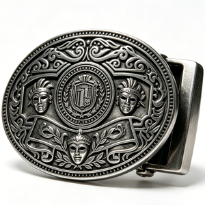 Hebilla de cinturón de aleación de zinc plateada antigua con diseño de máscaras y escudo en relieve, insignia redonda para coleccionismo artístico - Product Image 6
