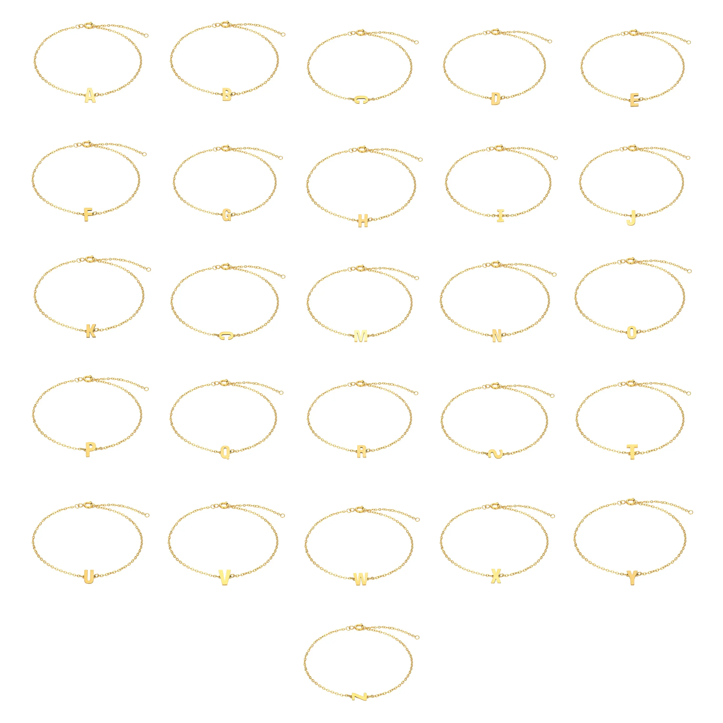Basit paslanmaz çelik kişiselleştirilmiş tatlı İlk yazılı bilezik 18K altın PVD kaplama 26 mektuplar zincir bilezik kadınlar için