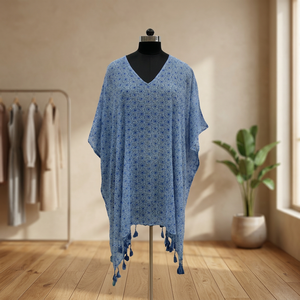 Blue Floral Woven Digital Printing V-Neck Boho Chiffon Maxi <b>Dress</b> with Tassel Hem <b>Loose</b> Sleeveless Summer Casual - Product Image 3