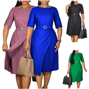 Robe de bureau élégante pour femme, tendance été, taille haute, plissée, manches mi-longues, coupe midi trapèze, unie, imprimée numériquement ou teinte unie - Product Image 2