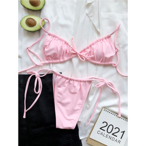 Set Bikini da Donna con Reggiseno a Fascia Profonda a V e Slip a Vita Bassa, Colore Caramella, Plissettato, Sexy, ad Asciugatura Rapida, per Mare e Spiaggia - Product Image 3