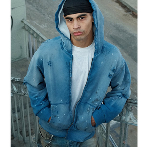 Sweat à capuche zippé personnalisé en coton 100% uni, style décontracté vintage délavé pour homme - Product Image 2