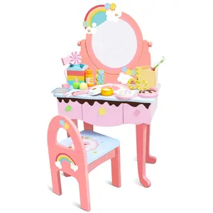 Pretend Vanity Play Set Dressing Table Dresser Wooden Toy Makeup Vanity Table with Mirror