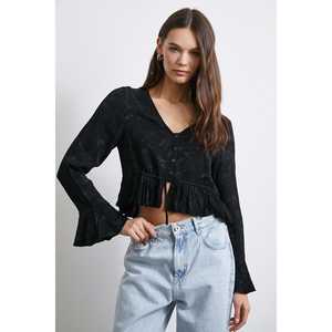 เสื้อเบลาส์คอวีแต่งระบายผ้าชีฟองสีดำสำหรับผู้หญิงสไตล์ลำลองทุกวัน - Product Image 3