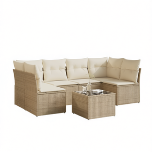 ชุดโซฟาหวายสีเบจสำหรับสวน 6 ที่นั่ง เฟอร์นิเจอร์กลางแจ้ง ดีไซน์ร่วมสมัย ทนทาน โครงเหล็ก - Product Image 1