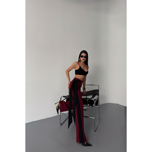 Women's <b>Burgundy</b> Hip Hop Cargo Pants with Side Stripe <b>Belt</b> Detail Mid Waist Breathable Casual Style Colored Wash for Ladies - Product Image 5