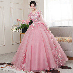 V Neck Ball Gown Dress With Floral Embroidery Pink Long Evening Dress For Women Empire Waistline Full Skirt Formal Wear - Product Image 2