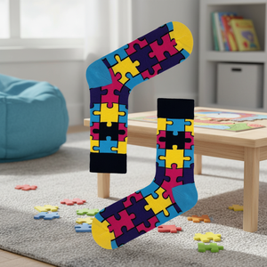 Chaussettes en soie imprimées puzzle colorées pour garçons, respirantes, antidérapantes, durables, avec logo personnalisé, style décontracté, logo brodé sur le corps. - Product Image 3