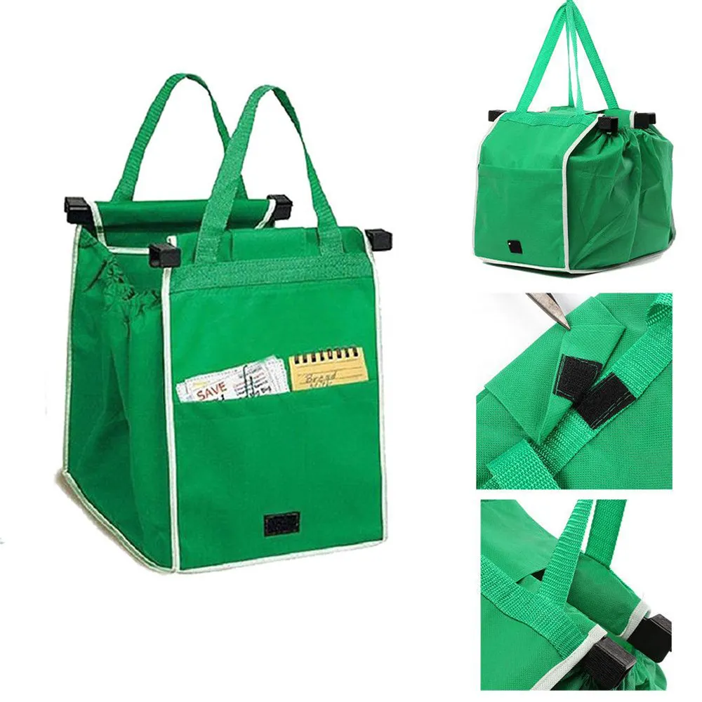 حمالة قابلة للطي حقائب قابلة لإعادة الاستخدام كبيرة عربة كليب إلى عربة البقالة أكياس التسوق المحمولة الأخضر غير حقيبة من القماش