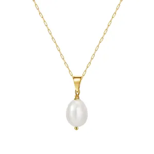 Rinntin GPN24 Silver Freshwater Cultured White Pearl Drop Pendant 14k Gold Baroque Oval Shape Dangling Solitaire Pearl Necklace