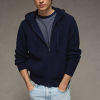 Vente en gros de sweat-shirts à capuche en tricot pour hommes, fermeture éclair sur le devant, pull en tricot bleu marine, fabrication OEM