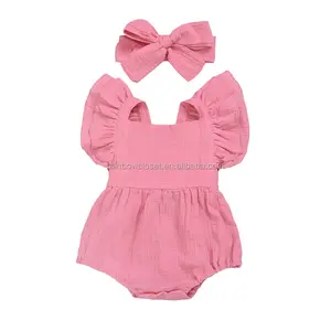 Enfant en bas âge bébé fille tenue porter enfant filles Flutter manches mousseline coton chasuble bulle barboteuses avec bandeaux