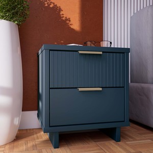 Nightstand In Midnight Blue With Vertical Panel Design And Wooden Handle <b>Storage</b> <b>Drawer</b> Unit - Product Image 2