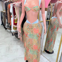 Yaz yeni 3 parça etek seti kadınlar seksi baskılı kolsuz sutyen ve yüksek bel Maxi etek plaj üç parçalı Set