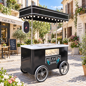 Chariot à glaces noir à 4 roues, chariot de vente ambulante avec auvent et éclairage, chariot de rue extérieur - Product Image 1