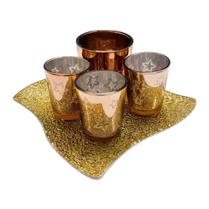 Set of 4 flashing amber Mercury Glass Votive or Tea Light Holders on plate