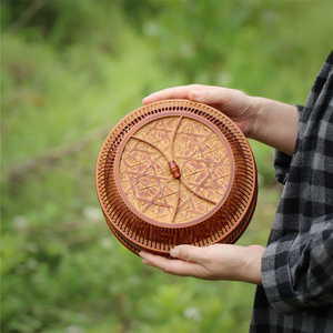 <b>Bamboo</b> Woven Covered Fruit Basket Round Handmade Food <b>Container</b> Kitchen Storage Basket Single Tier - Product Image 3