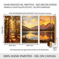 Peinture à l'huile sur toile peinte à la main, 3 panneaux, grand coucher de soleil doré, texture épaisse, couteau à palette, triptyque, art pour la décoration du salon