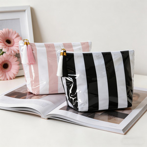 Waterproof PVC Cosmetic Bag Striped Large Capacity Zipper Closure <b>Makeup</b> Travel <b>Case</b> for Everyday Use - Product Image 4