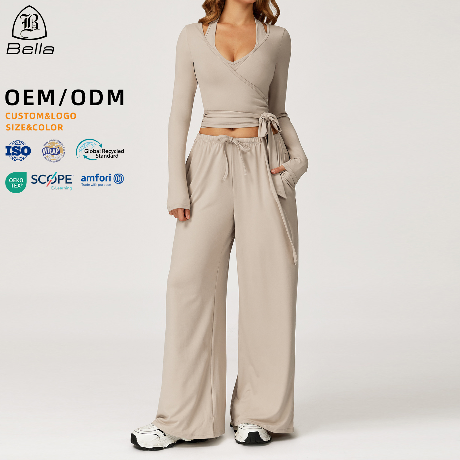 Factory Custom Activewear Outfits Workout Clothing Long Sleeve Crop Top Wide Leg Pants Gym Fitness Yoga Sets For Women