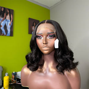 วิกผมบ๊อบสั้นแบบลอนธรรมชาติ ถอนขนแล้ว วิกผมแท้คุณภาพสูง วิกผมลูกไม้โปร่งใสด้านหน้า วิกผมแท้บราซิลสำหรับผู้หญิงผิวสี - Product Image 1