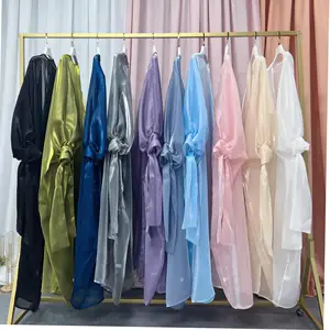 Gaun pesta malam sederhana Dubai gaun Muslim gaun Organza bersinar poliester depan terbuka Abaya