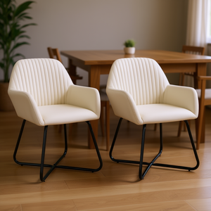 Juego de 2 sillas de comedor tapizadas en crema modernas, con patas de metal y piel sintética, muebles para el hogar - Product Image 2