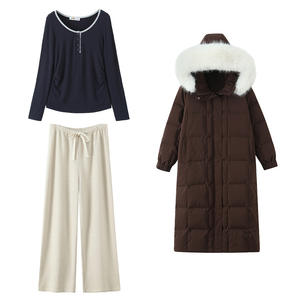 Conjunto de Chaqueta de Plumón para Mujer Happy Plus, Pantalones Color Avena, Top Azul Marino, Abrigo Largo Marrón Oscuro, Color Sólido, Tejido de Punto, Talla Grande, Otoño Invierno - Product Image 2