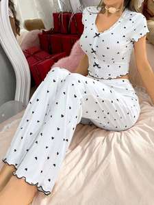 Pyjama Cœur pour Femme Style Européen et Américain, Tenue d'Intérieur Populaire, Pantalon Long Respirant à Taille Élastique pour l'Été - Product Image 6