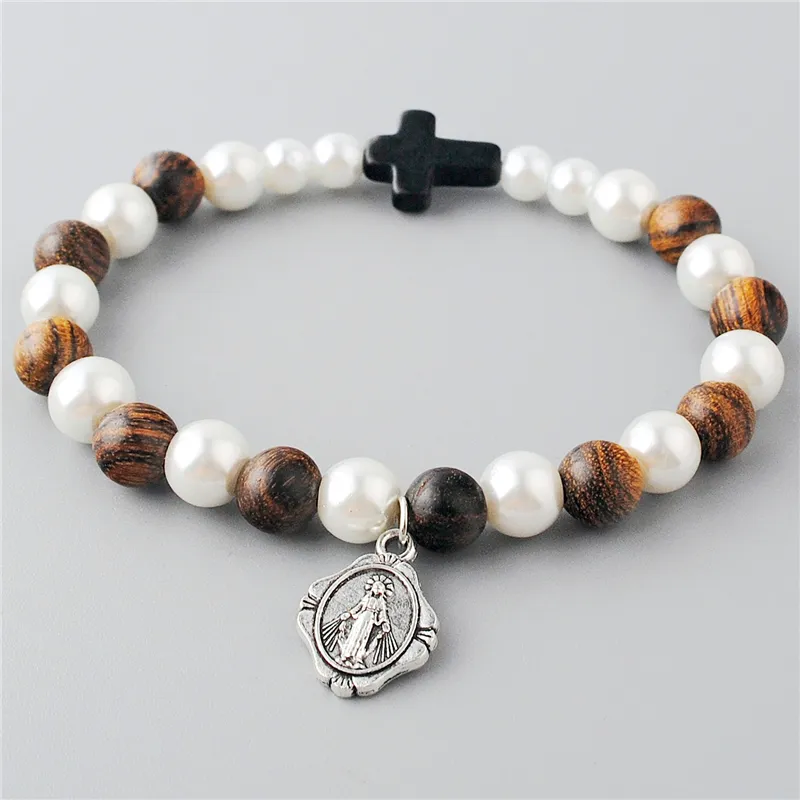 Gioielli Kingme 8mm perline di legno duro con perle di vetro 8mm con bracciale a croce in pietra articoli cattolici religiosi BZA2135