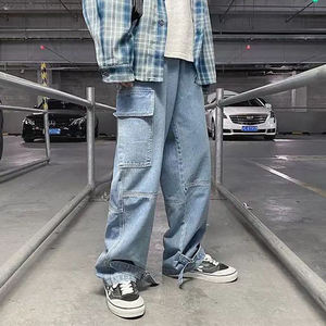 Pantalones vaqueros holgados rectos al por mayor para hombre, jeans personalizados de moda casual para hombre, pantalones de mezclilla de cintura media, jeans cargo de color sólido con costuras. - Product Image 5