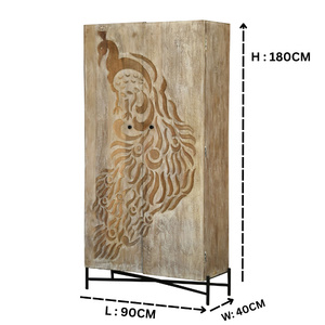 Hand-Carved Wooden <b>Wardrobe</b> Almirah with Peacock Design | Solid Wood 2-Door <b>Storage</b> Cabinet with Metal Base - Product Image 6