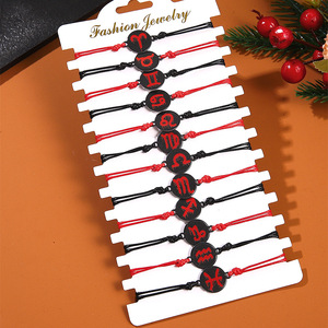 12 Zodiac Signs Stainless Steel Round <b>Bracelet</b> Red Black Waxed <b>Rope</b> Unisex Horror Theme Jewelry Spring 2024 Yiwu Origin - Product Image 3