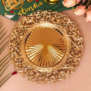 Nuevos Platos Decorativos Redondos de Plástico de 13 Pulgadas con Diseño de Flores Doradas y Plateadas <span class=keywords><strong>para</strong></span> Decoración de Mesa de Boda y Fiestas, Estilo Europeo - Product Image 5